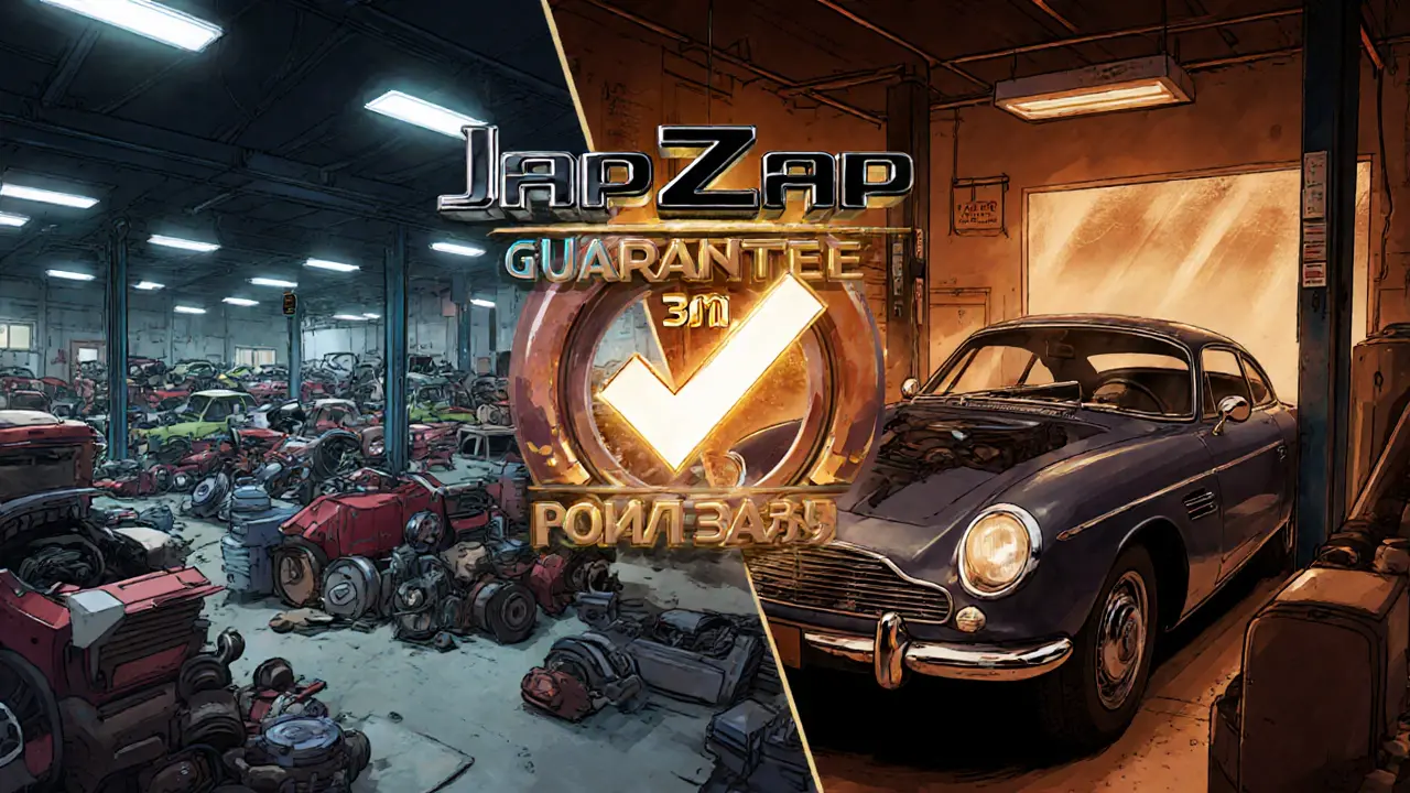 Сравнение японского аукциона и русского гаража с оригинальной запчастью и символом гарантии в стиле ар-деко.