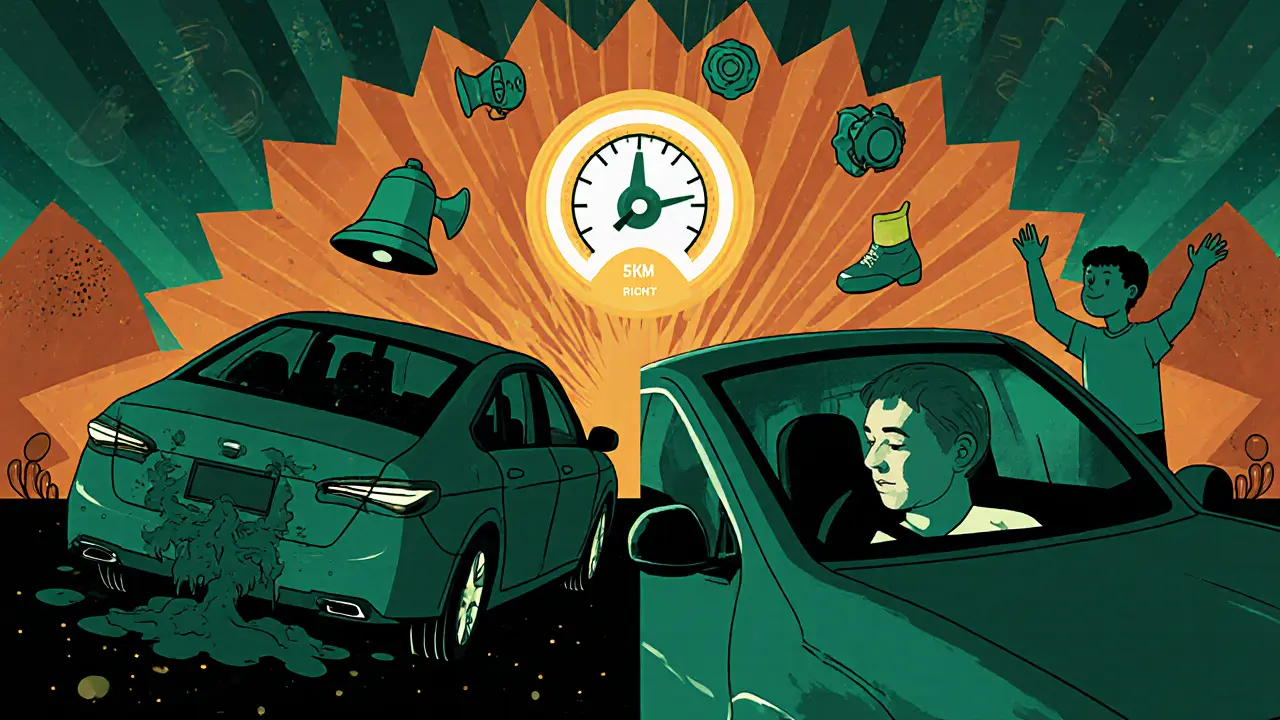 Сравнение: грязная камера и чистые зеркала, над машиной — цифра 5 км/ч и символы безопасности.