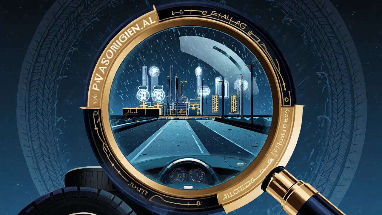 Великая лупа показывает одинаковые заводы, производящие стекло, с датчиками и дождём, в стиле ар-деко с геометрическими узорами.