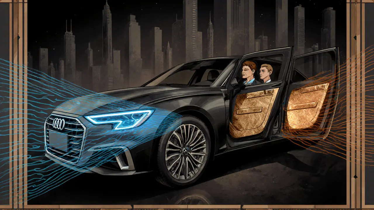 Ауди A6 с индивидуальным климатом для задних пассажиров, звукопоглощающие панели блестят, городской пейзаж на фоне.