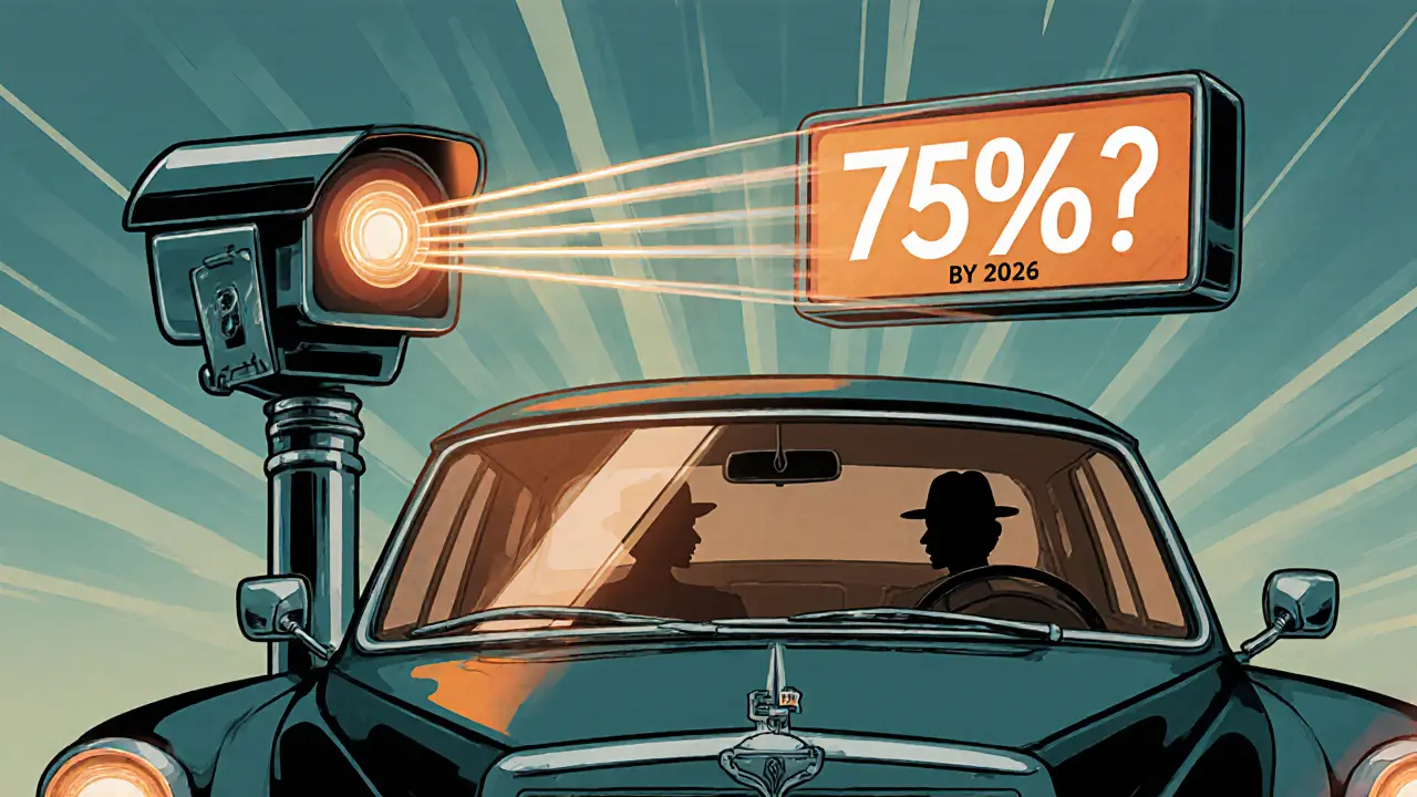 Автоматическая камера сканирует автомобиль, на лобовом стекле — прозрачная граница 70%, надпись &#039;75% к 2026&#039; в стиле ар-деко.