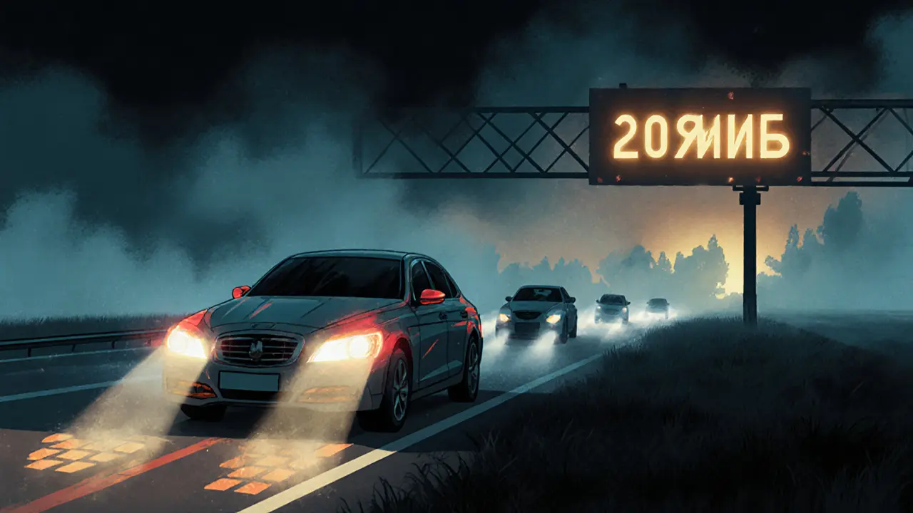 Автомобиль остановлен на обочине в густом тумане с включенными аварийными огнями, в стиле ар-деко.