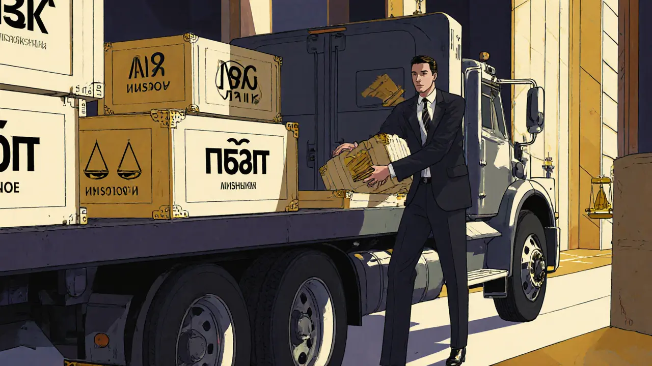 Бизнесмен разгружает грузы с тяжелого прицепа, рядом — инспекторы и весы.