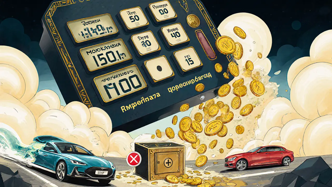 Цифровой калькулятор над картой России, показывающий разницу в налогах регионов, с электромобилем на фоне.