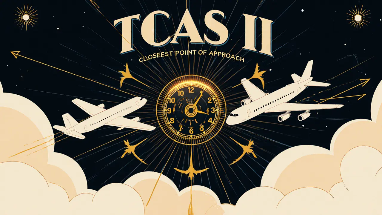 Два самолёта с противоположными командами TCAS, окруженные золотыми маркерами сближения в стиле ар-деко.