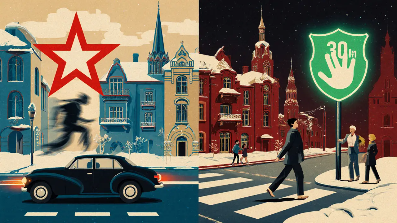 Два сценария: опасный и безопасный переход — в стиле ар-деко, с золотыми и красными акцентами.