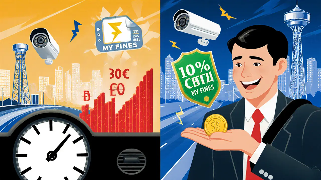 Два сценария: паника из-за просрочки и выгодная скидка на штраф в стиле арт-деко.