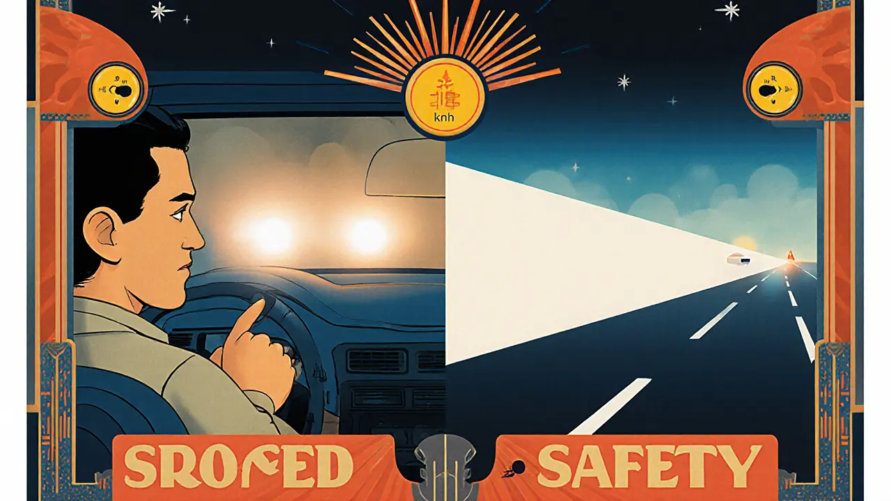 Два сценария вождения в тумане: опасный с дальним светом и безопасный с противотуманными фарами, в стиле ар-деко.