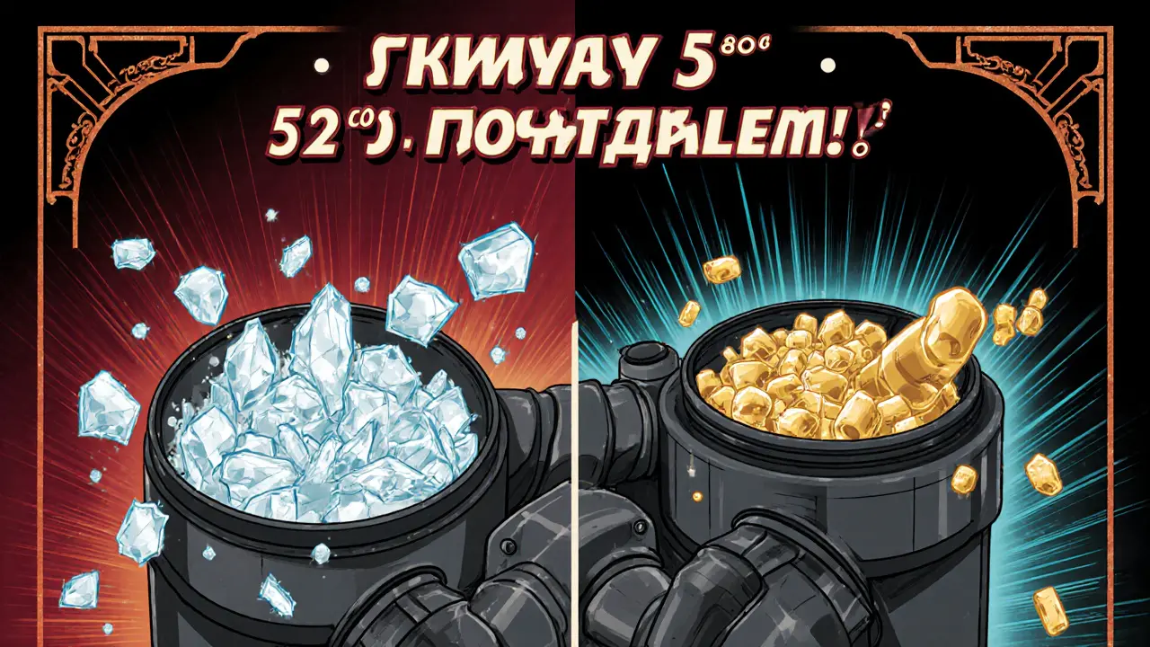 Два состояния дизельного двигателя: замерзший и защищенный антигелем, в стиле винтажной рекламы.