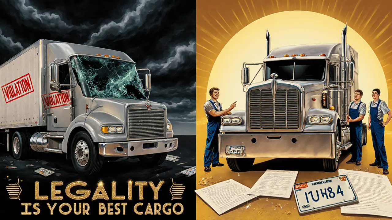 Две стороны: нелегальный грузовик с штрафом и легальный — с документами, в стиле ар-деко.