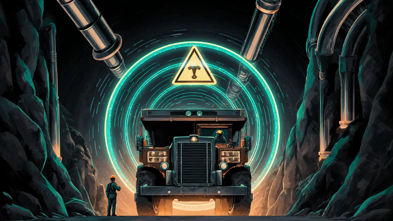 Грузовик на шахте с ложным сигналом о человеке за стеной, визуализированный световыми кольцами в стиле ар-деко.