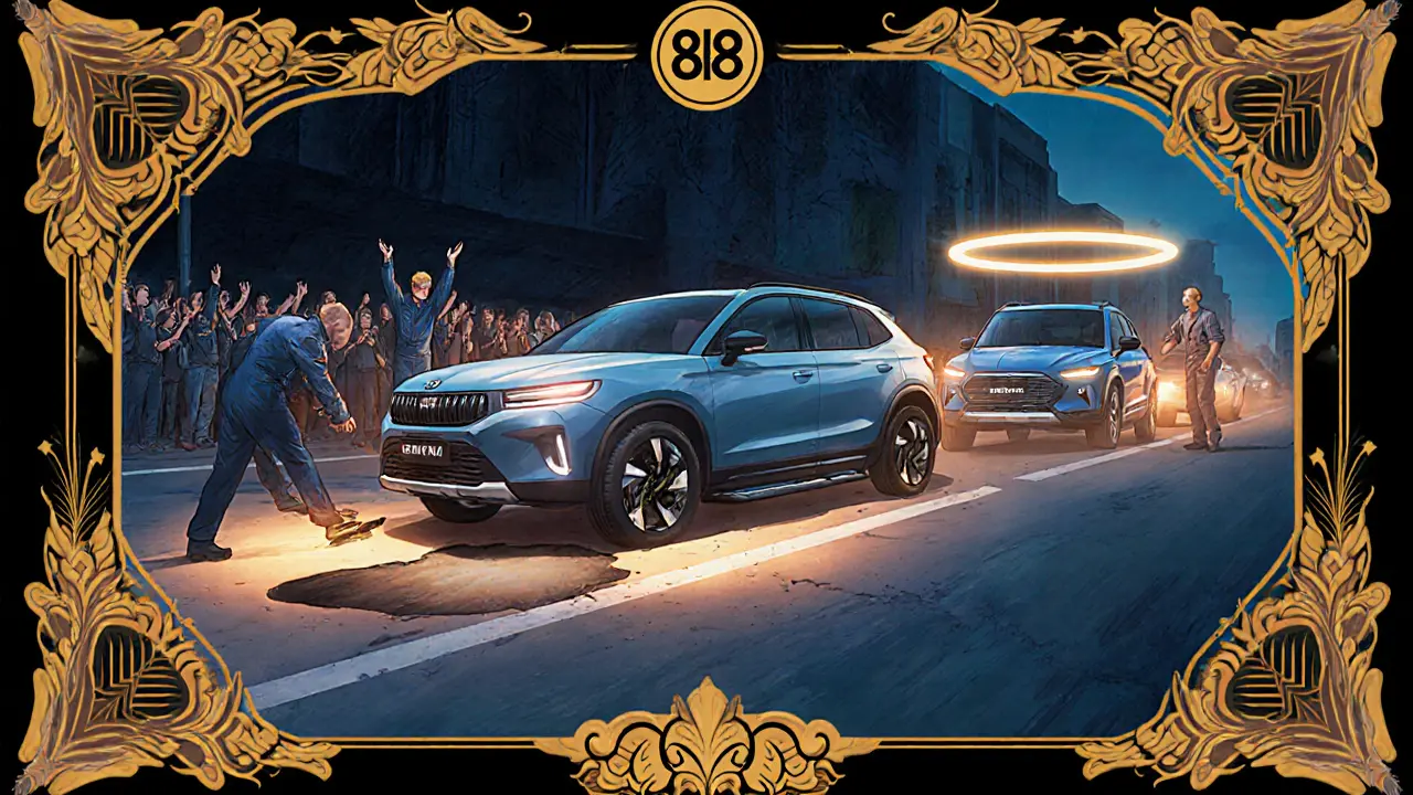 Lada Vesta Cross with adjustable suspension and workers installing soundproofing, Geely glides past with decibel halo.