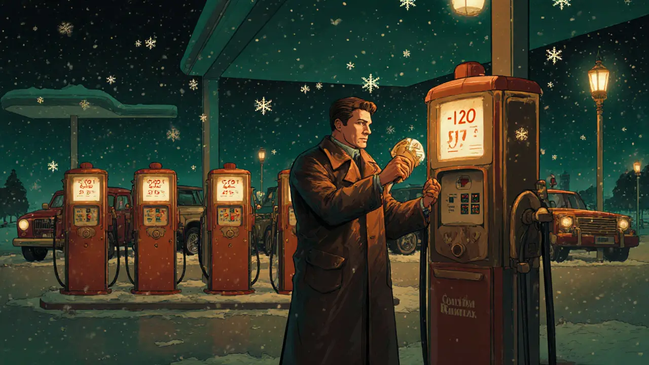 Механик добавляет антигель на заправке, рядом — автомобили с температурными рейтингами в стиле ар-деко.