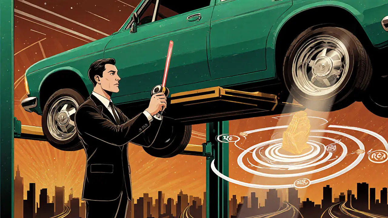 Механик измеряет углы колес лазерным устройством, вокруг — схемы неправильной геометрии в стиле ар-деко.