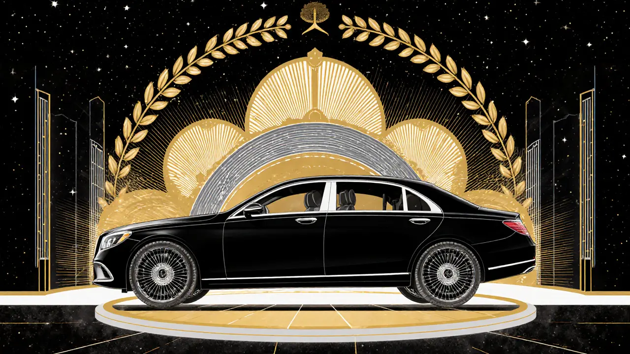 Мерседес-Майбах S680 как передвижной трон, пассажиры отдыхают, волны подавления шума расходятся вокруг.