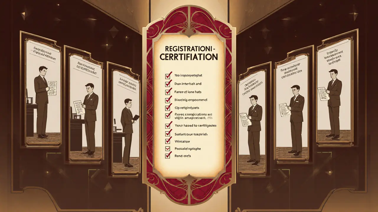 Постер с семью этапами регистрации изменения коммерческого автомобиля в стиле ар-деко.