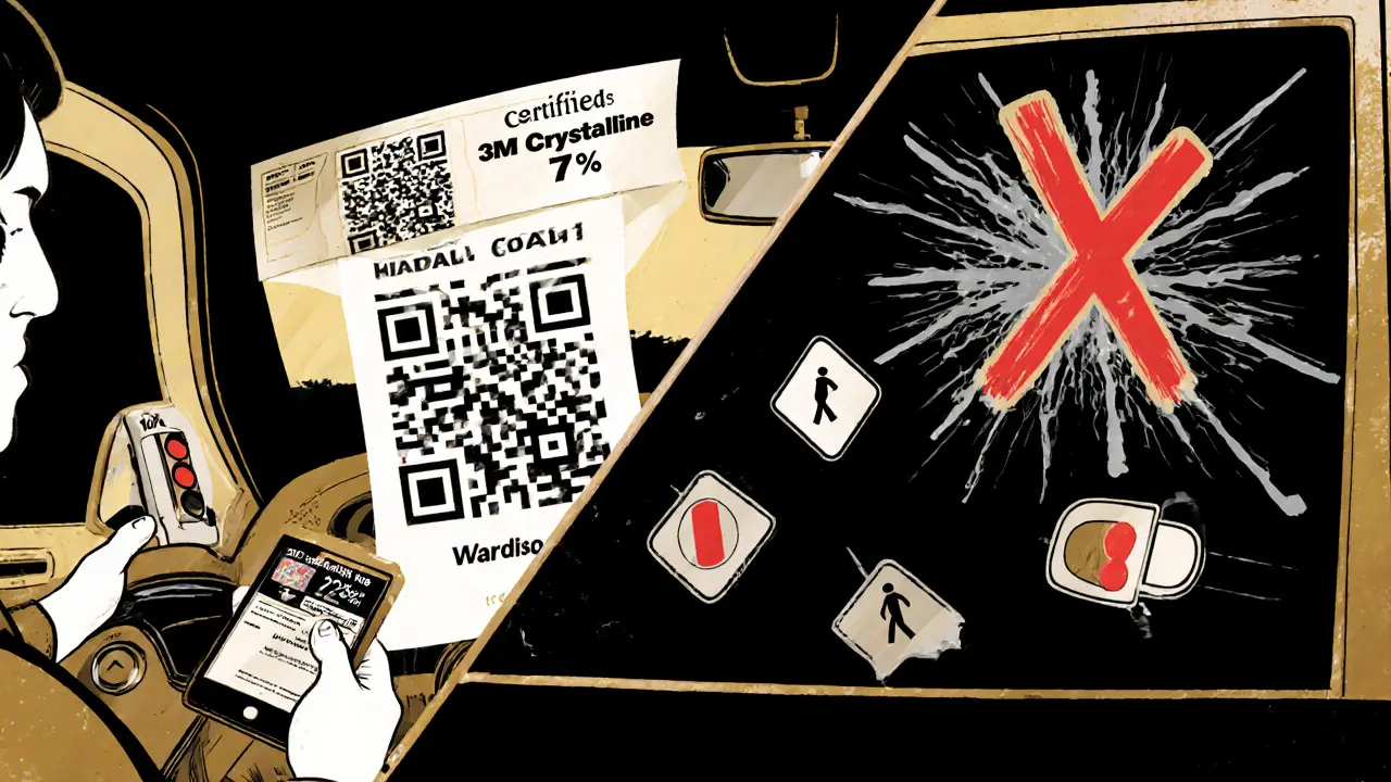 Разделённая сцена: легальная тонировка с QR-кодом слева и нелегальная — справа с предупреждающими символами.