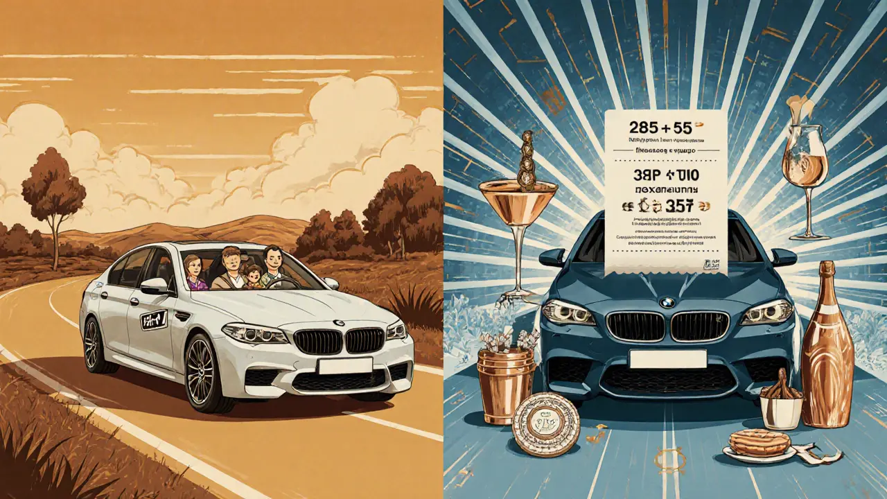 Разделенная сцена: скромный автомобиль в Оренбурге и роскошный BMW с огромным налогом в стиле ар-деко.