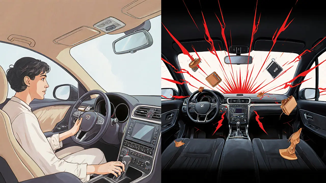 Split scene: quiet Geely interior vs chaotic Lada interior with sound waves bursting through cabin.