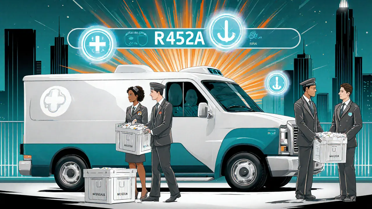 Умный рефрижератор с IoT-мониторингом и экологичным хладагентом R452A разгружает медикаменты в больнице.