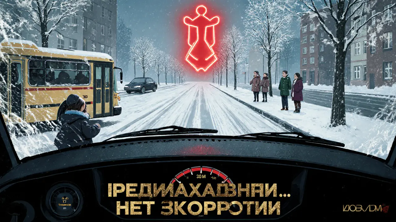 Вид из машины: дети у автобуса, снег на дороге, скорость 30 км/ч, предупреждающий символ.