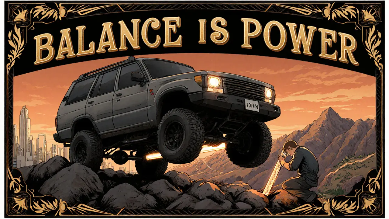 Внедорожник на подъеме с гидравлической системой, механик регулирует развал, горы и город на фоне.