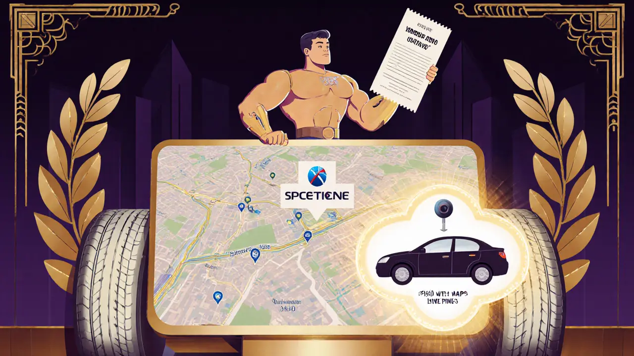 Водитель на цифровой панели с картой штрафов и интеграцией с Яндекс.Картами в стиле арт-деко.