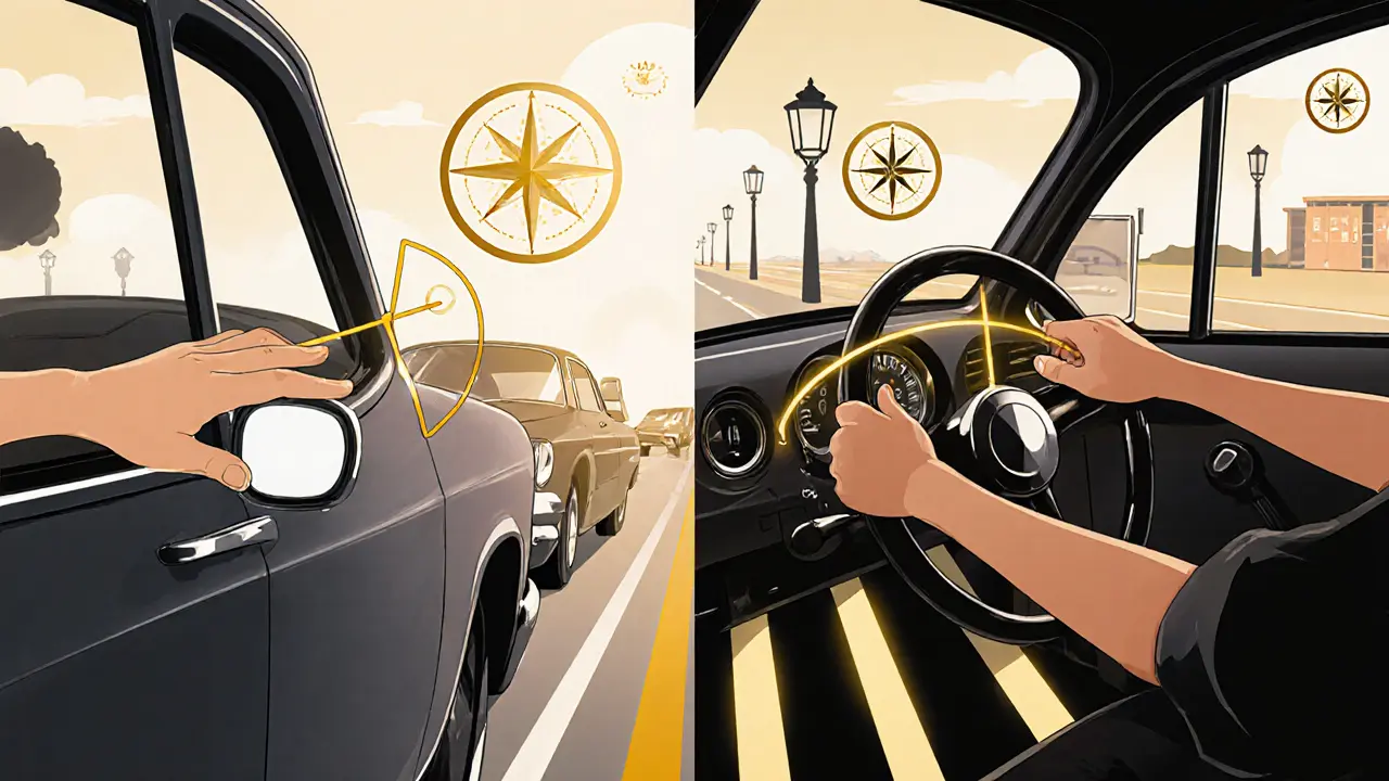 Водитель паркуется, глядя в зеркало — линия от руля указывает на центр полосы, стиль ар-деко.