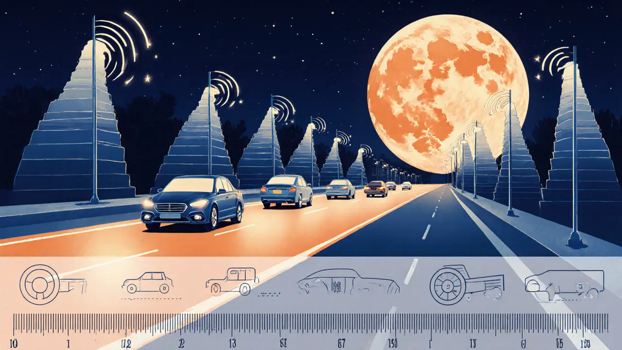 Водитель плавно вливается в поток ночью под ар-деко фонарями, спокойствие — результат дисциплины.