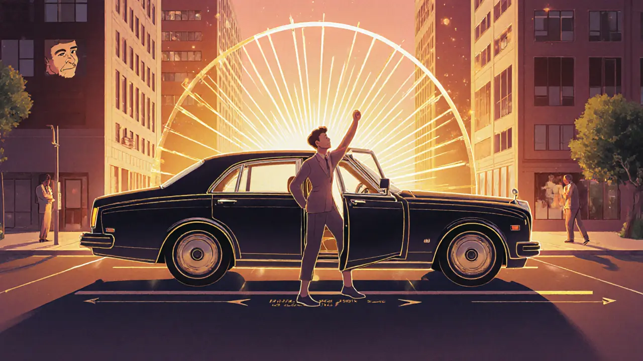 Водитель уверенно выходит из машины, вокруг которой светящиеся контуры показывают габариты, стиль ар-деко.