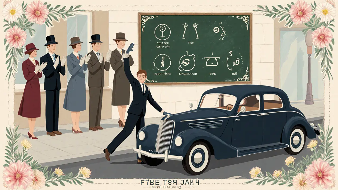 Водитель выходит из идеально припаркованной машины, вокруг него — восхищённые зрители в стиле ар-деко.