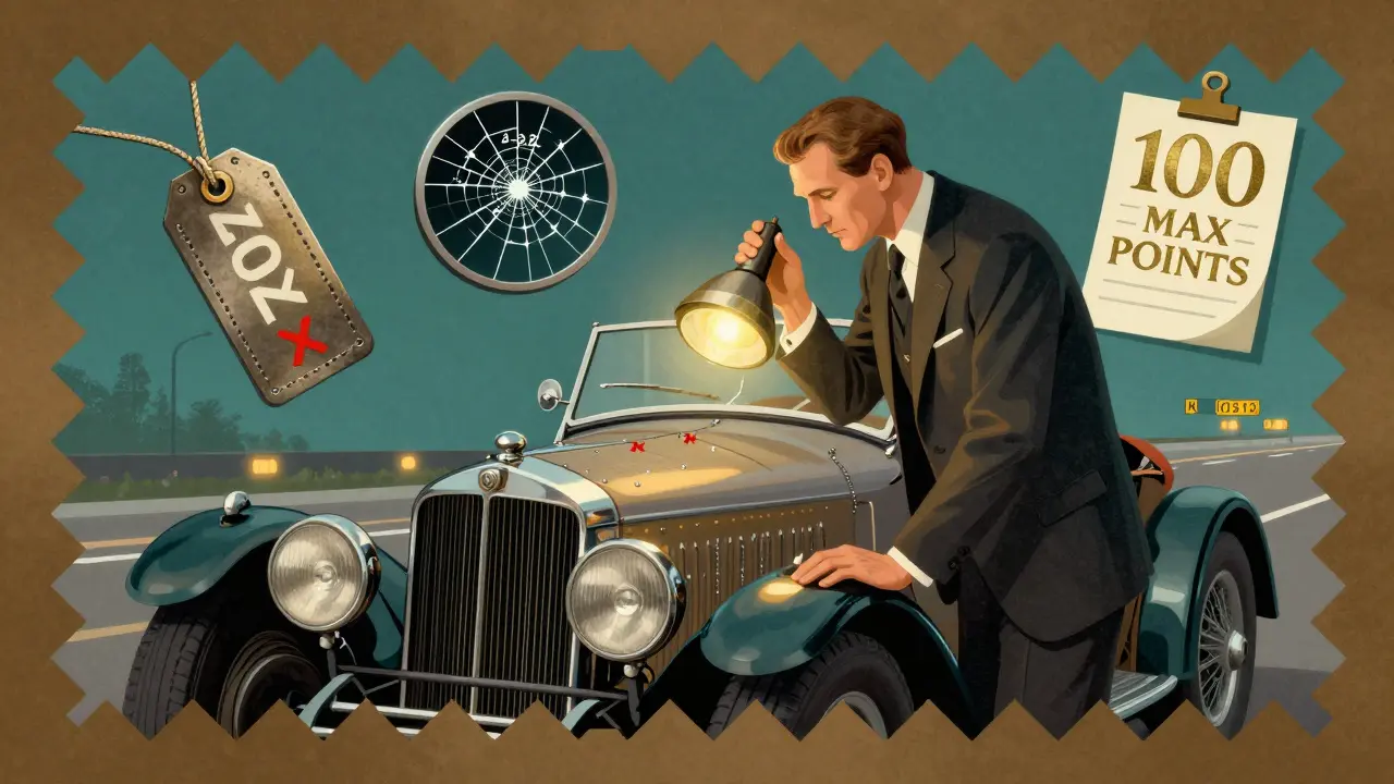 Эксперт осматривает кузов автомобиля с маркировками и контрольными списками в ар-деко стиле.