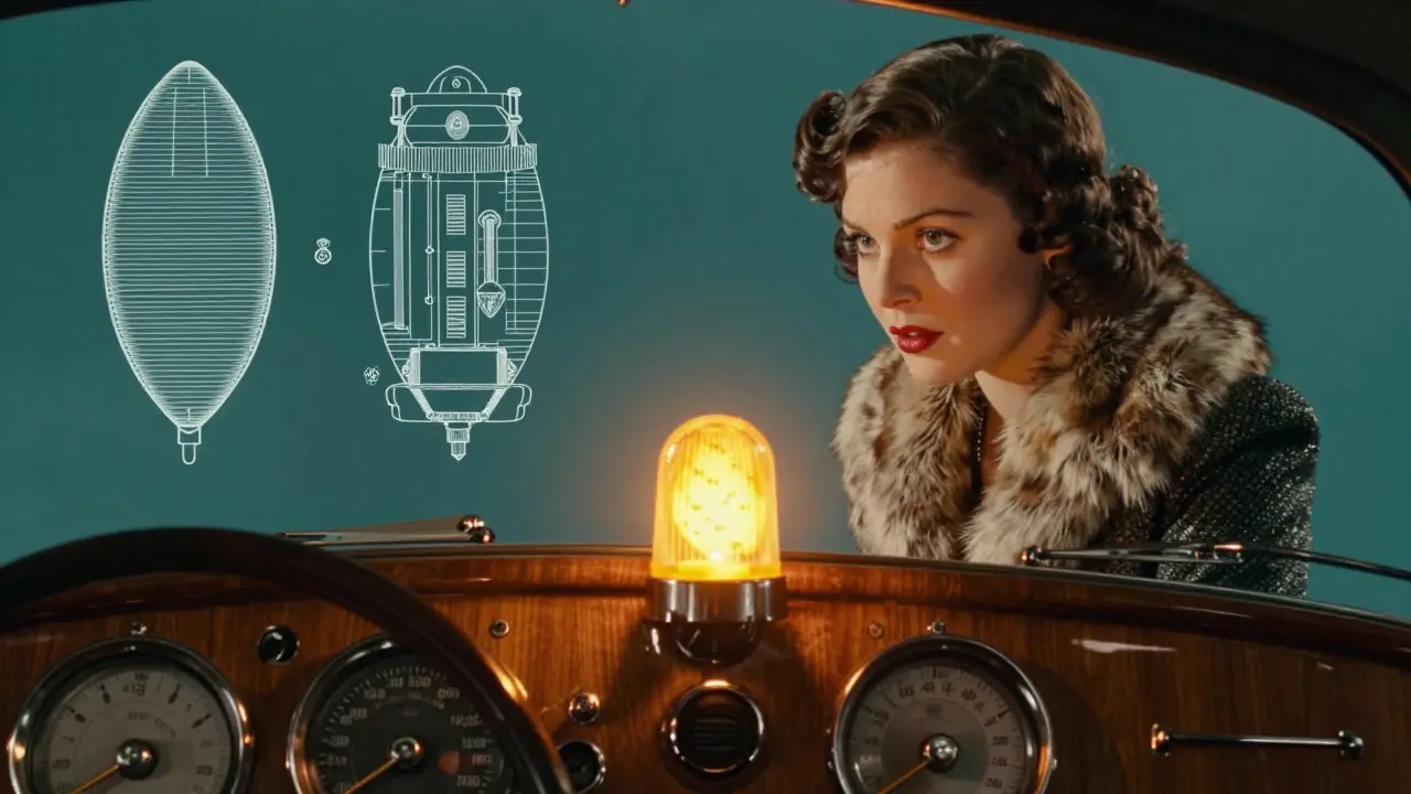 Elegant dashboard with glowing SRS warning light, woman in 1930s attire, and transparent airbag mechanism diagram beside her.