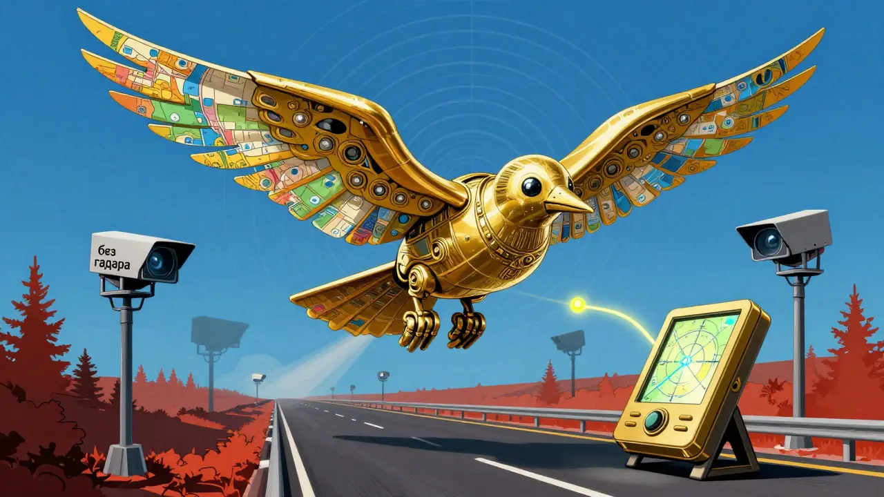 Гибридное устройство в виде золотой птицы, облетающей камеры без радаров, с картой в виде крыльев.