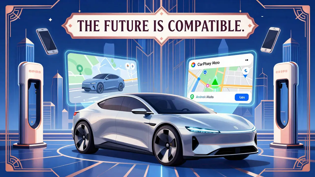 Голографические интерфейсы CarPlay и Android Auto парят над концепт-каром 2026 года в стиле ар-деко.