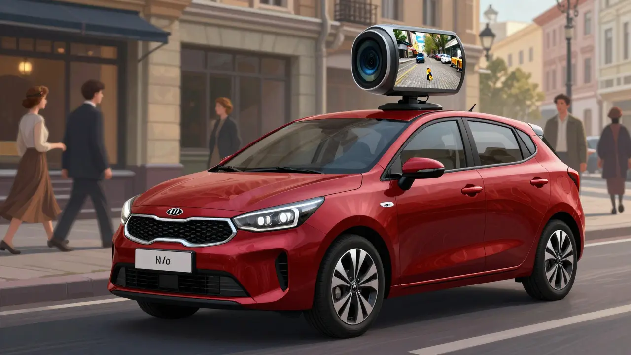 Kia Rio Hybrid с камерой 360° паркуется в тверском городе, подсветка дисплея выделяет безопасность.