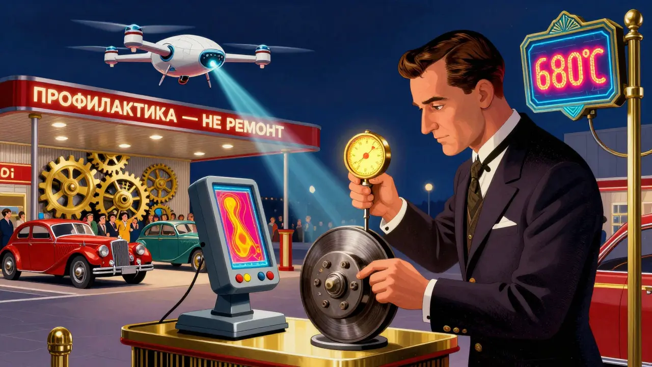 Механик измеряет биение диска с помощью сложного прибора под светящимся тепловизором в стиле ар-деко.