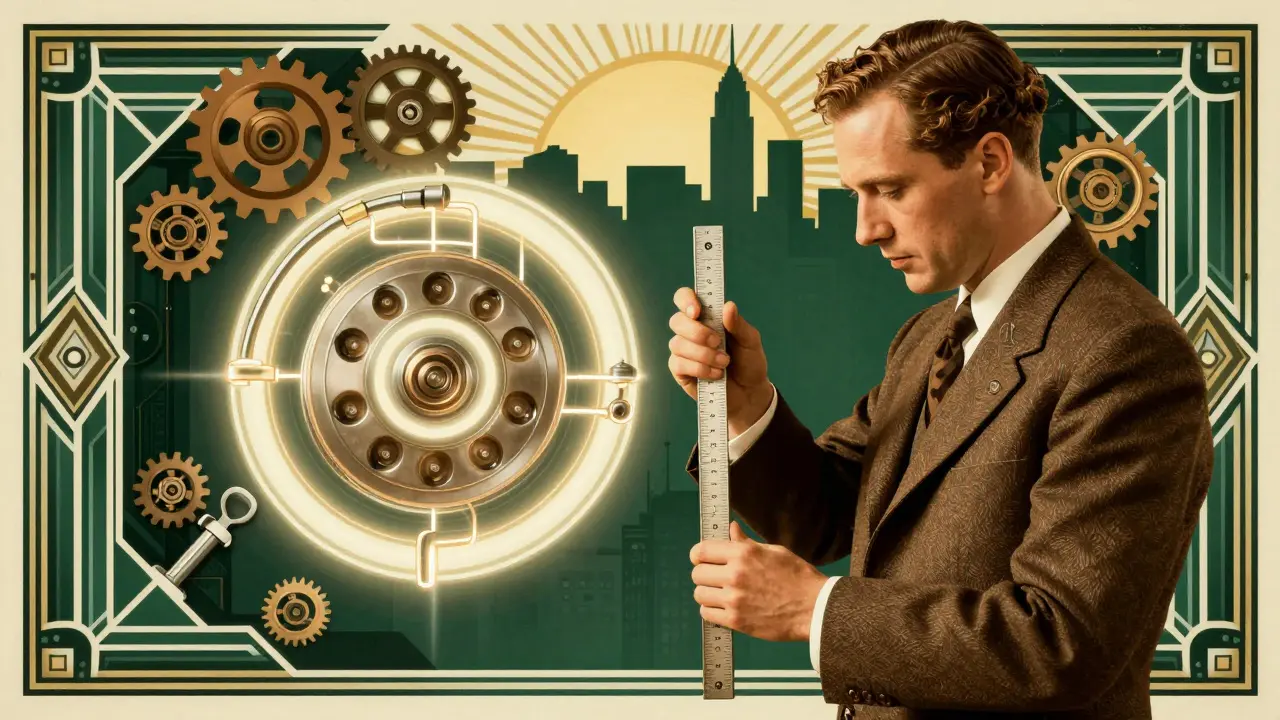 Механик измеряет ход педали сцепления, рядом — схема гидравлической системы в стиле ар-деко.