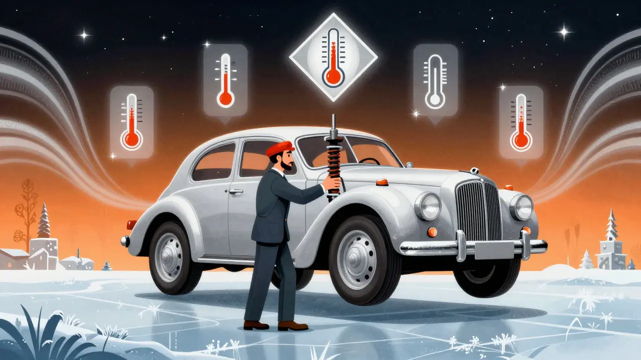 Механик настраивает пневмоподвеску под машиной в зимнюю ночь, вокруг — символы давления и температуры в стиле ар-деко.