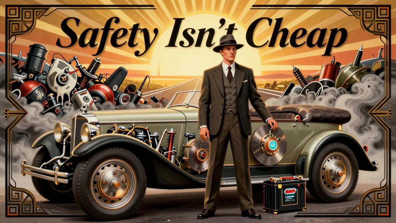 Механик в элегантном костюме стоит рядом с безопасными OEM-запчастями, а дешёвые аналоги тают в дыму, стиль ар-деко.