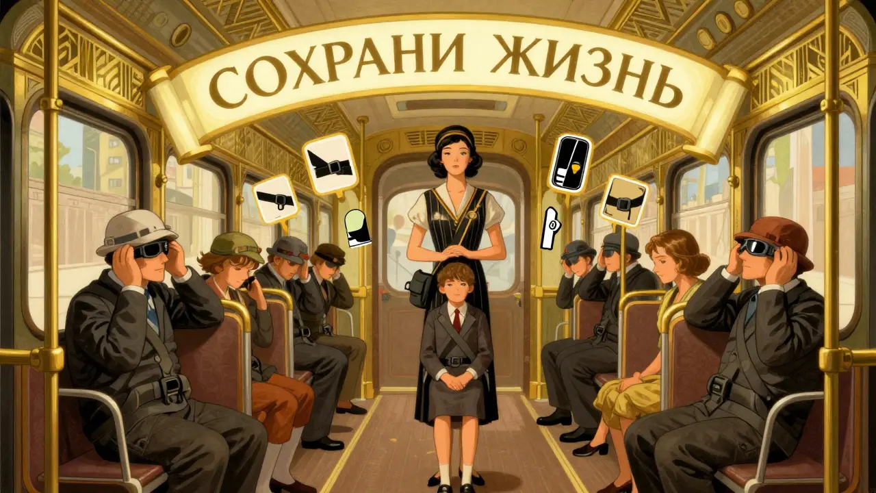 Пассажиры в трамвае принимают защитную позу при столкновении, один взрослый прикрывает ребёнка, стиль ар-деко с геометрическими узорами.