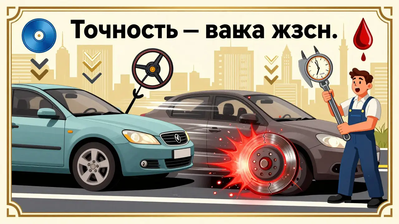 Разделенная иллюстрация: спокойный водитель против опасного перегрева тормозов в ар-деко стиле.