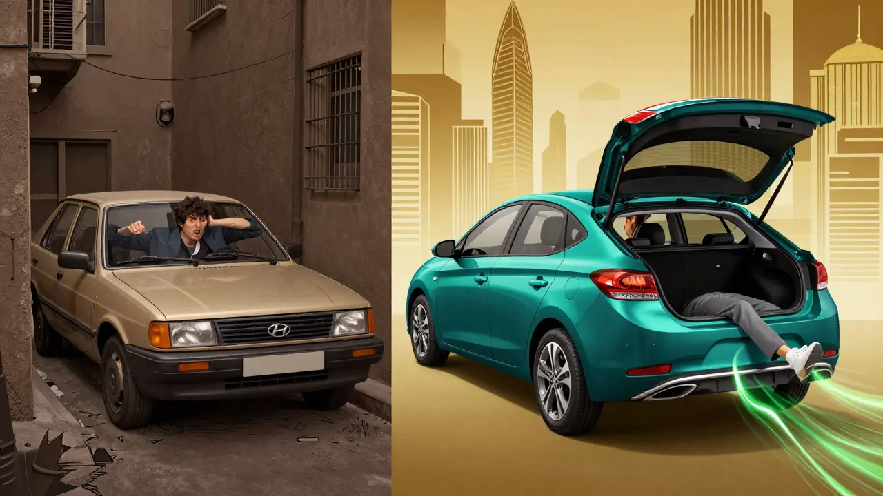 Разделённая сцена: Lada Kalina застряла, а Hyundai i30 легко паркуется — символ выбора в городе.
