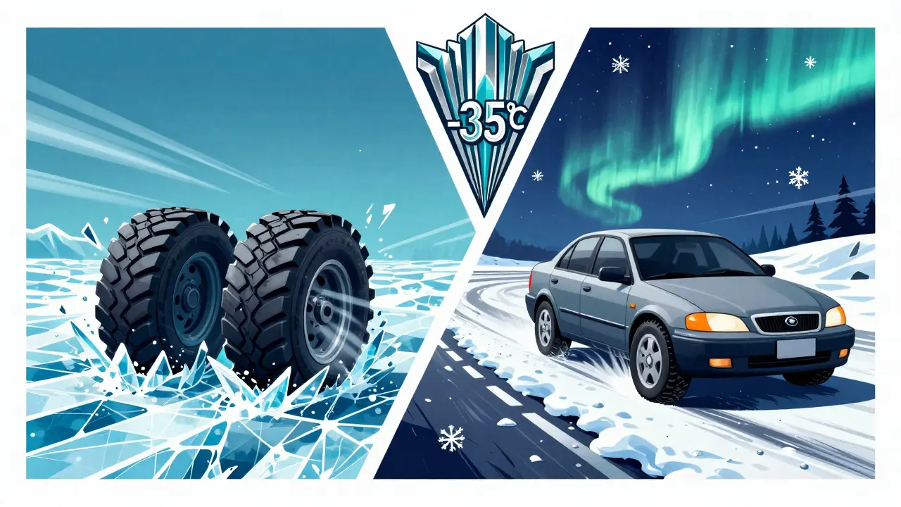 Разделённая сцена: шипы прорезают лёд слева, фрикционные шины цепляются за снег справа в сибирской зиме.