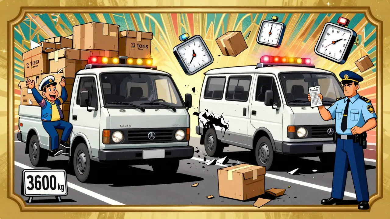 Разделённая сцена: водитель перегружает грузовик слева, авария и штраф справа в стиле ар-деко.