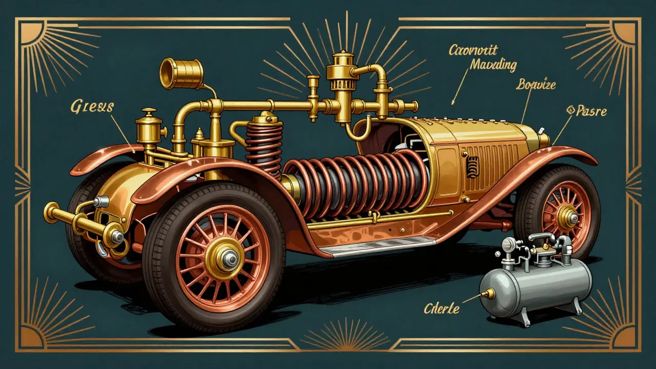 Разрез подвески с пневмобаллонами и воздушными трубопроводами, оформленный в стиле винтажной рекламы 1930-х годов.