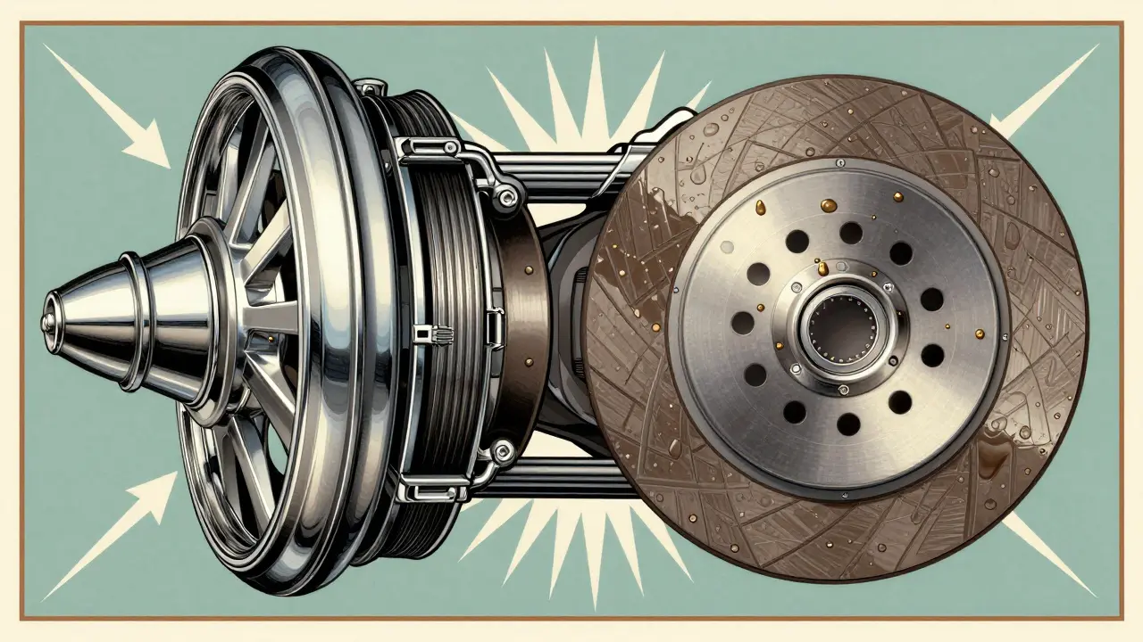 Разрез сцепления: изношенный диск, корзина и деформированный маховик с масляными пятнами.