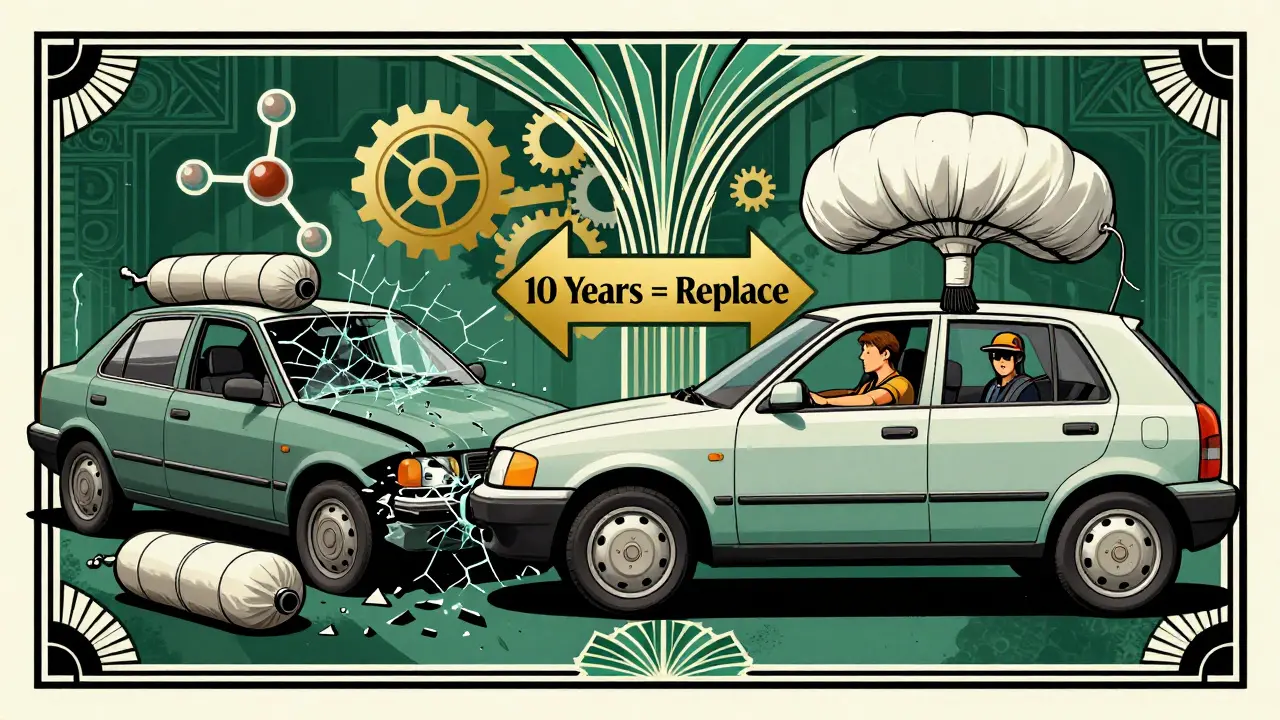Split-panel Art Deco illustration: left, a wrecked car; right, a safe one with deployed airbag, connected by a golden &#039;Replace After 10 Years&#039; arrow.