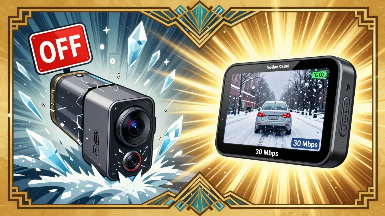 Сравнение: дешёвый регистратор с замёрзшей батареей слева, надёжный с адаптивным битрейтом и WDR справа в снежной буре.