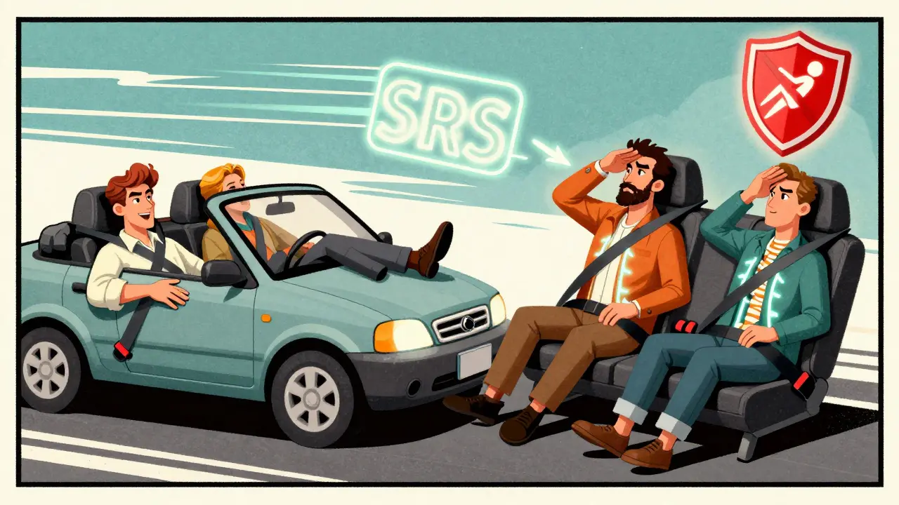 Сравнение опасной и безопасной позы в автомобиле при аварии, с акцентом на ремни безопасности и правильное положение тела.